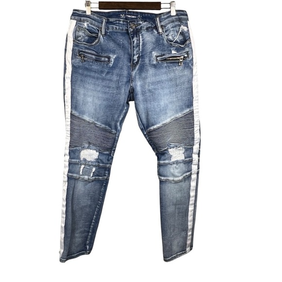 Crysp Denim Jeans Mens 36 Medium Wash Skinny Fit Distressed Patched Zippers - Picture 1 of 15